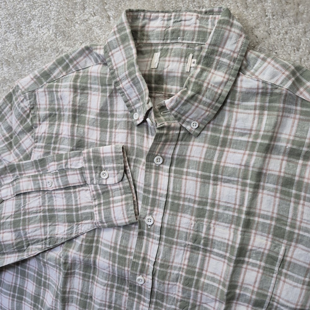Taylor Stitch Linen Shirt Mens 40 Medium Green Plaid Button Down Coastal Beach